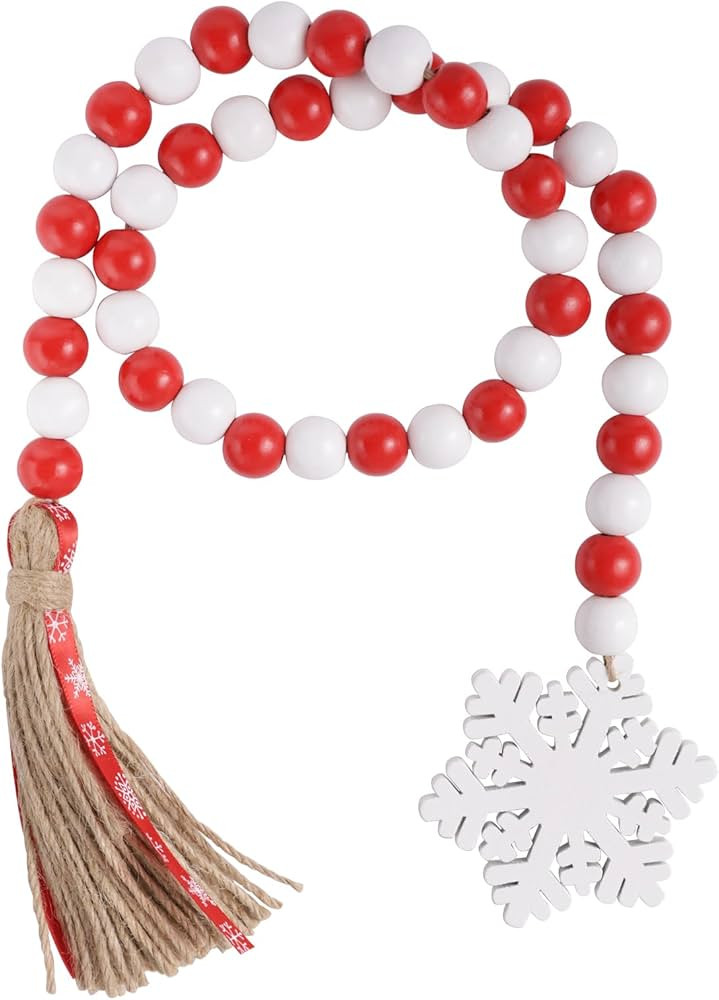 Christmas Wood Bead Garland - Red White Rustic Wooden Beads with Jute Rope Plaid Tassel Bead Garl... | Amazon (US)