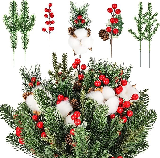60 Pcs Christmas Artificial Green Pine Needles, Christmas Floral Picks Artificial Holly Red Berry... | Amazon (US)