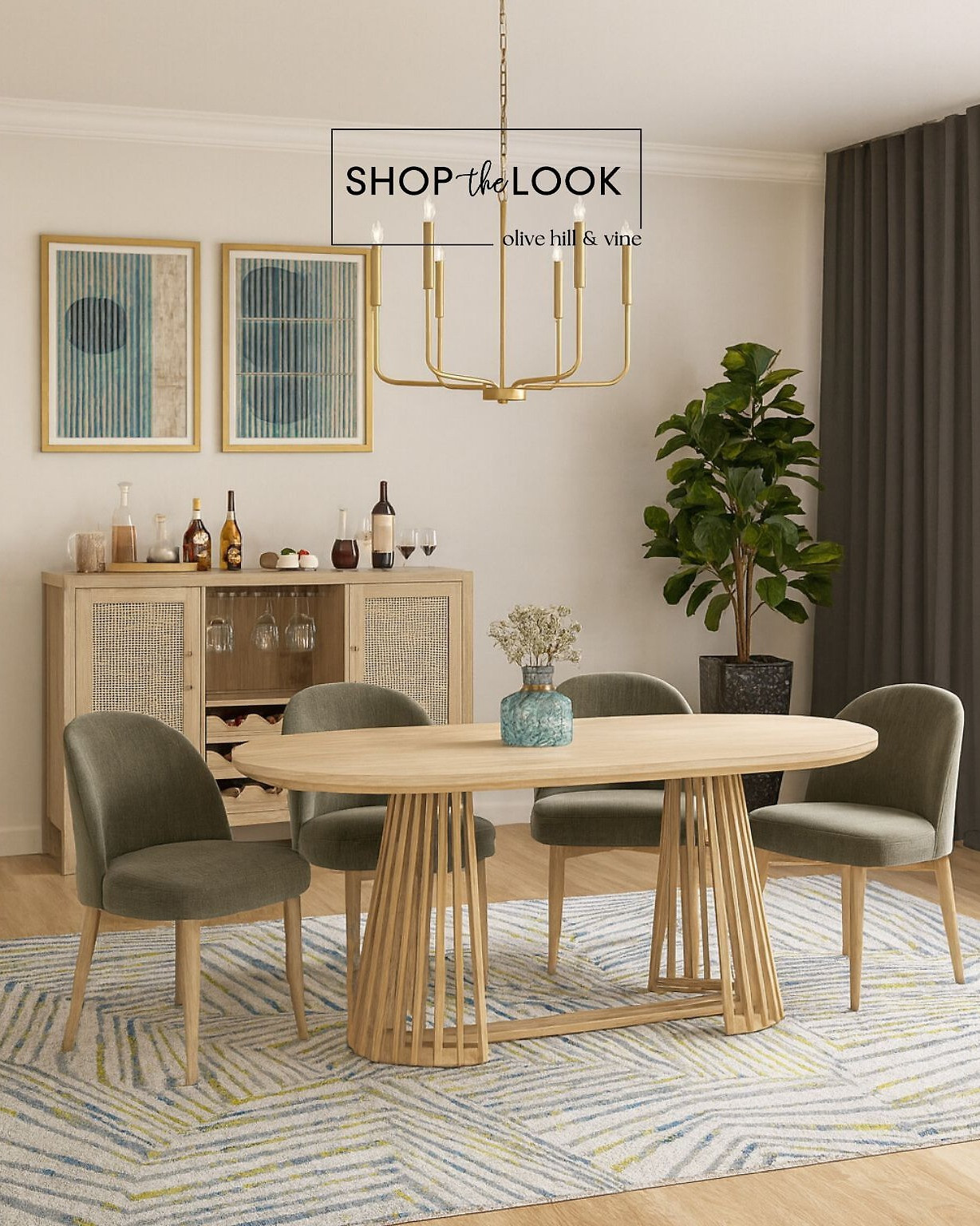 Fresh lines and warm textures bring this dining space to life. A sculptural wood table, olive chairs, and a patterned rug set the tone, while brass lighting and modern art add polish. Perfect for gathering in style. 

 

#LTKHome #LTKStyleTip #LTKFamily