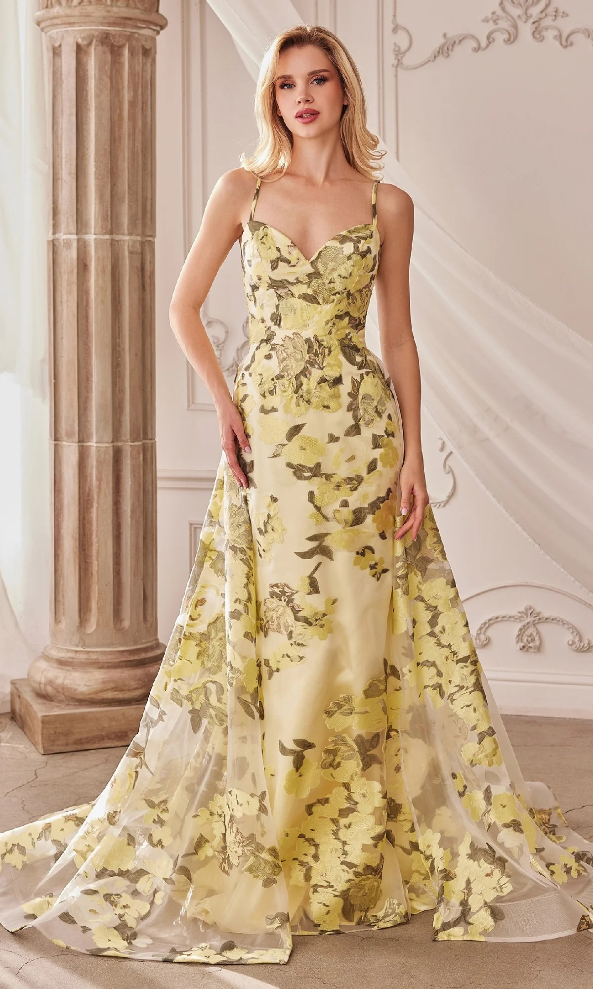 Lemon Yellow Floral-Print Long Prom Dress A0770 | Prom Girl