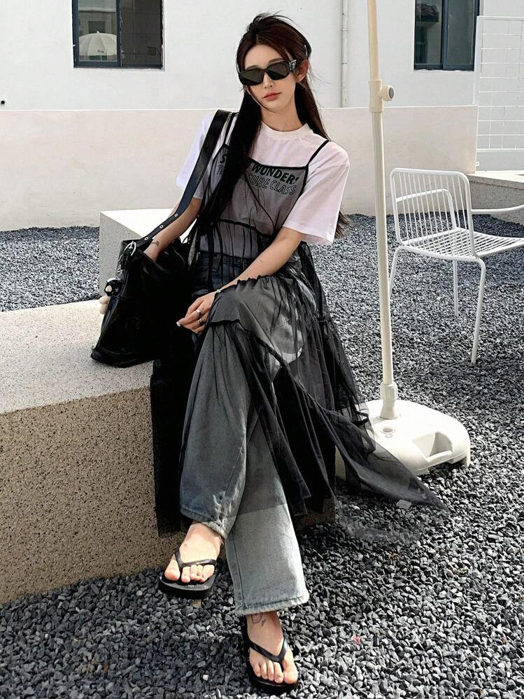 DAZY Women's Summer Solid Color Sheer Long Mesh Ruffle Hem Cami Dress Sundress Maxi Dress | SHEIN