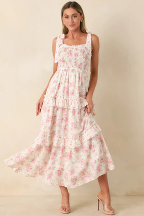 Afternoon Like This Ivory & Pink Floral Ruffle Tiered Cotton Midi Dress | Red Dress