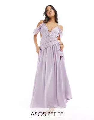 ASOS DESIGN Petite ruched fallen shoulder cut out maxi dress in lilac | ASOS (Global)