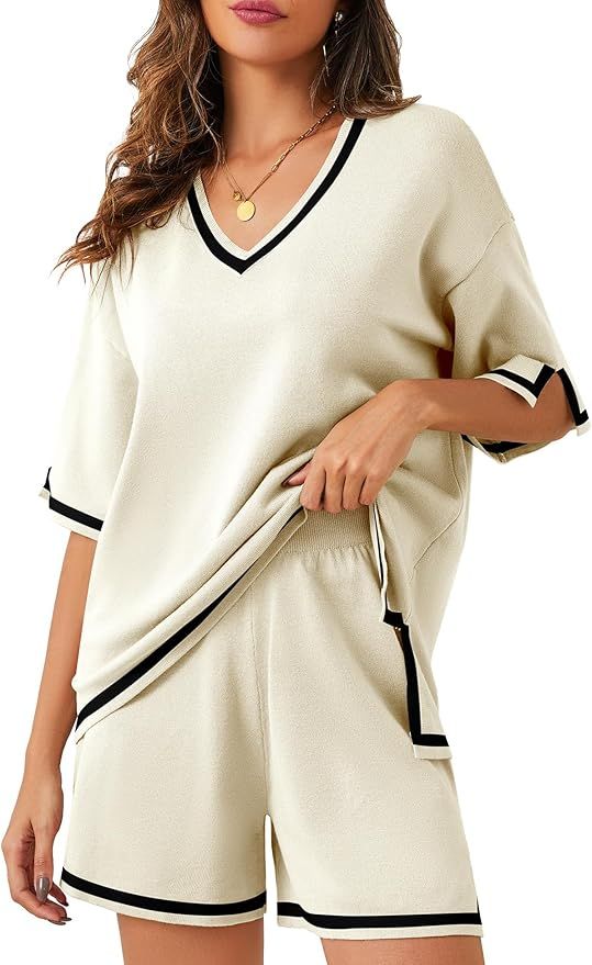 Bloggerlove Women Knit Sweater Short Sets 2 Piece Outfits V Neck Pullover Tops Wide Leg Short Set... | Amazon (US)