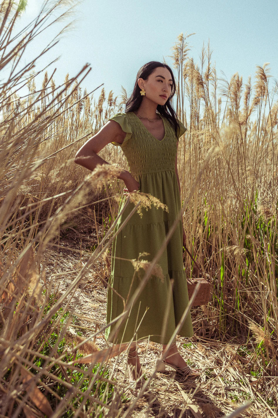 Rain Smocked Midi Dress in Green - FINAL SALE | Böhme US
