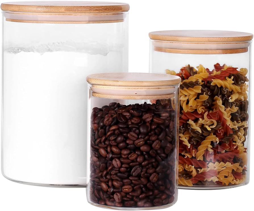 Glass Flour and Sugar Containers, Set of 3 Large Glass Flour Canister with Airtight Lids, Glass P... | Amazon (US)