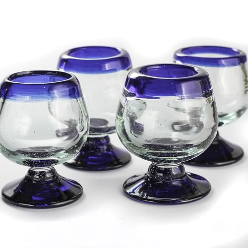 MEXTEQUIL - Authentic Mexican Tequila Hand Blown Shot Glasses - Set of 4-2 oz - Mini Glass Snifters - Heavy Base - Cognac (Cobalt Blue Rim) | Amazon (US)