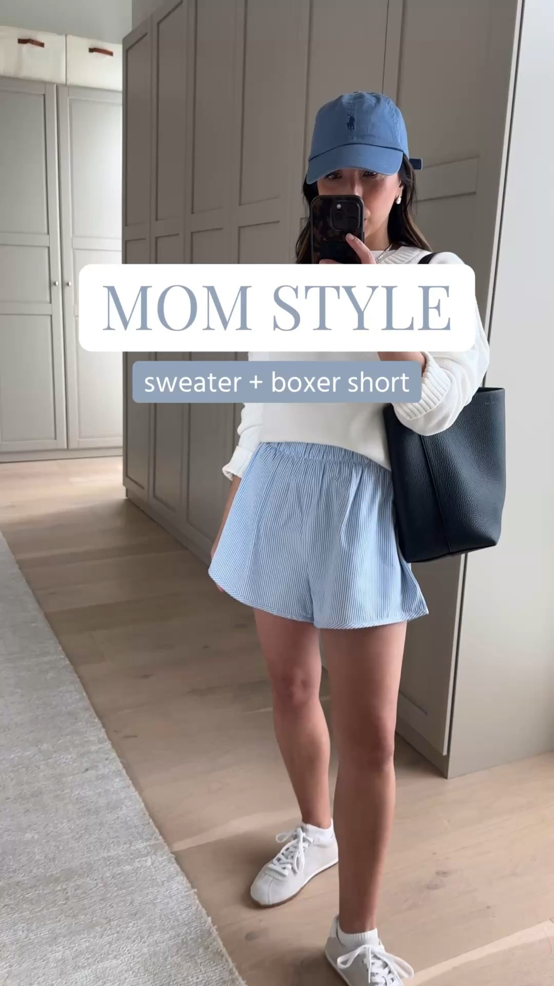 Mom-on-duty outfit idea wearing shorts and sneakers.

Quince sweater small 
Everlane tee medium
Recreational Habits shorts medium
Amazon socks small
Dolce vita sneakers 6 - size up!
Polo Ralph Lauren hat
The Row bag small
Dorsey earrings medium
Dorsey James necklace 15"

Spring outfits 2026, summer outfits



#LTKPetite #LTKmomlife #LTKootd