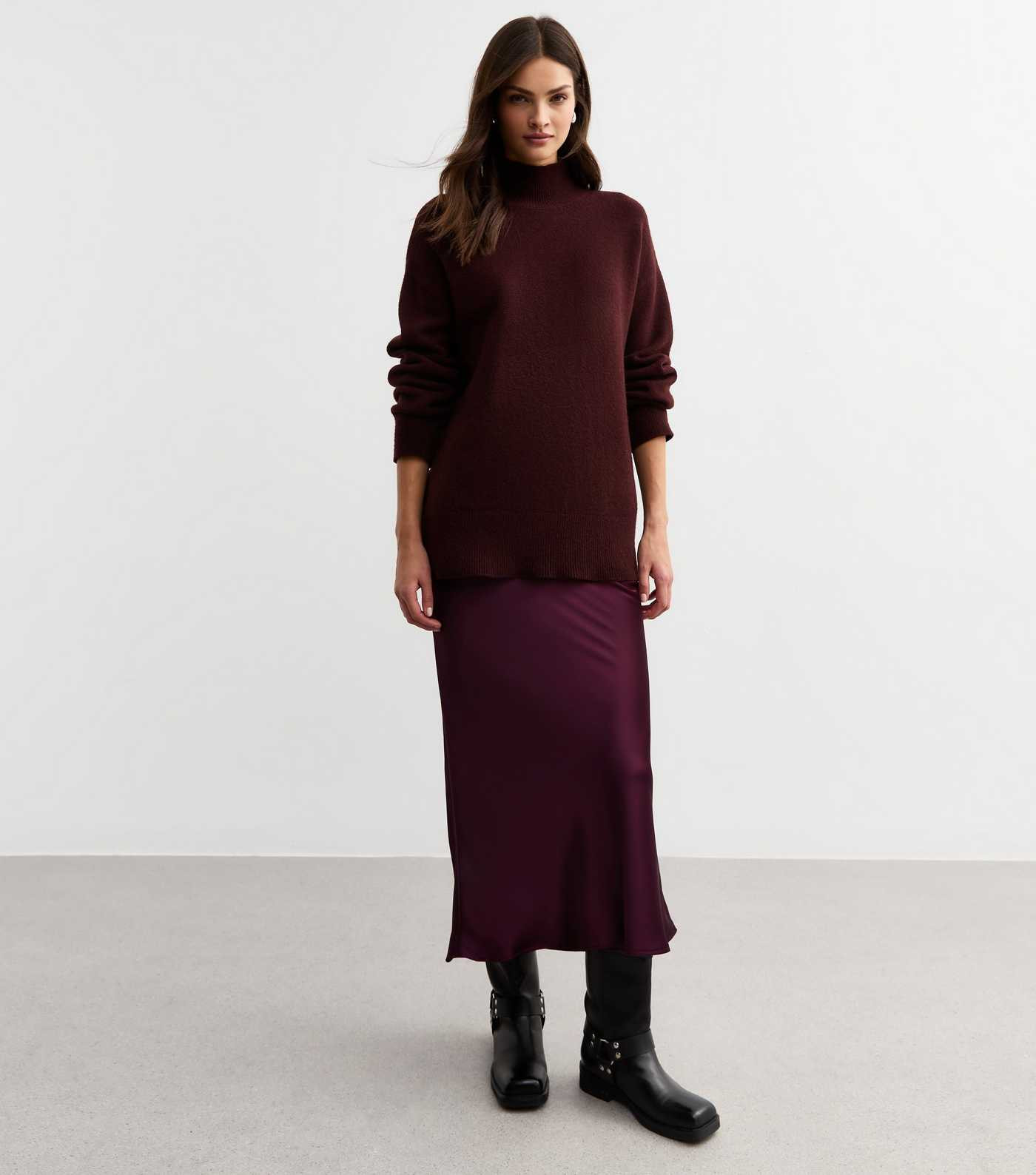 Burgundy Satin Bias Cut Midi Skirt  | New Look | New Look (UK)