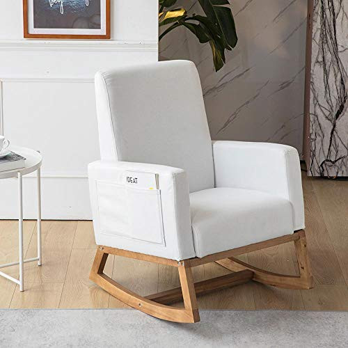 Paddie Rocking Chair Nursery, Fabric Rocking Armchair with Solid Wood Base/Side Pocket, Linen Fab... | Amazon (US)