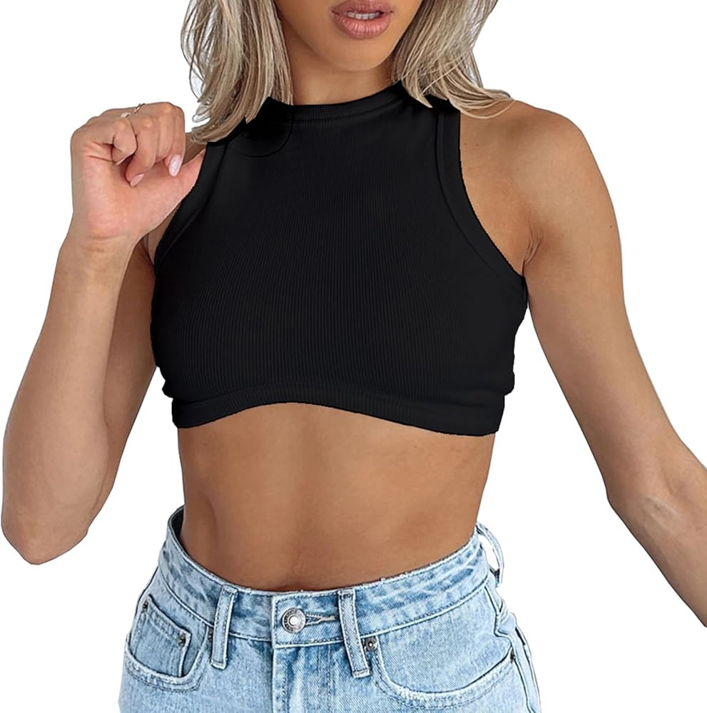 Dwnval Sexy Sleeveless Crewneck Tank Top Ribbed Knitted Crop Tops for Women | Amazon (US)