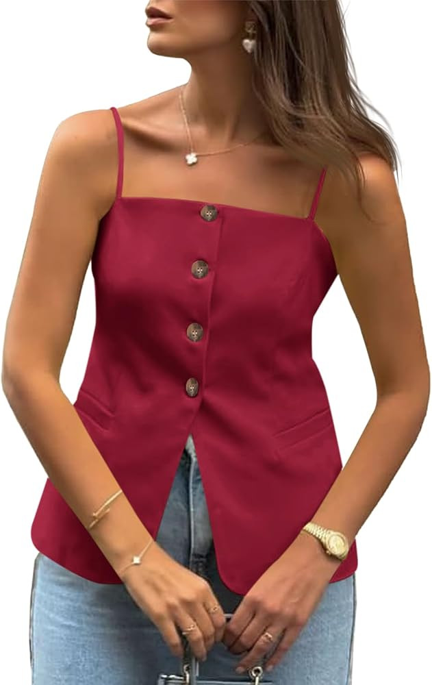 Cicy Bell Womens Summer Cami Suit Vest Dressy Casual Button Down Waistcoat Fitted Split Hem Sleev... | Amazon (US)