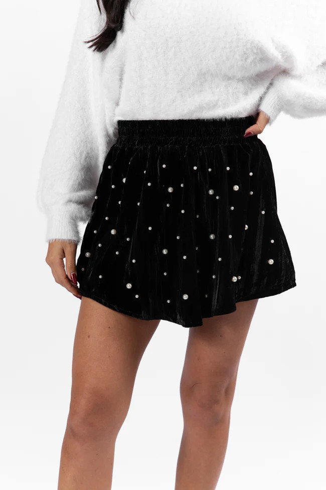 Lost In Time Pearl Embellished Black Velvet Shorts | Pink Lily