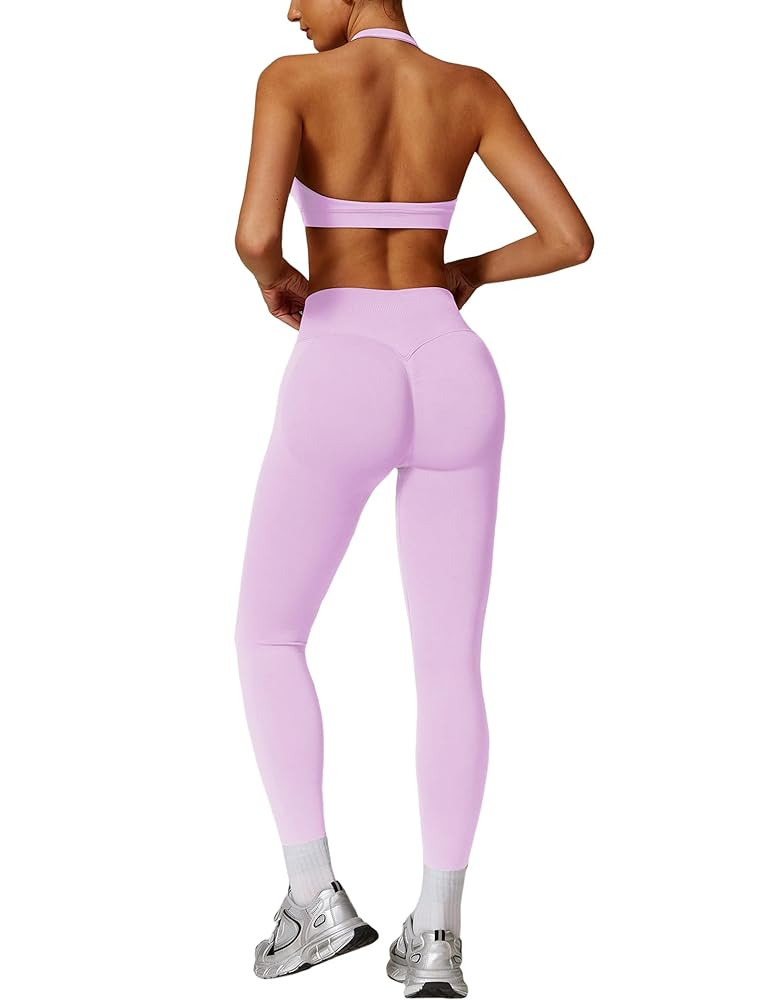 ABOCIW Workout Sets for Women Seamless Scunch Butt Lifting Impact Leggings Halter Sports Bra 2 Pi... | Amazon (US)