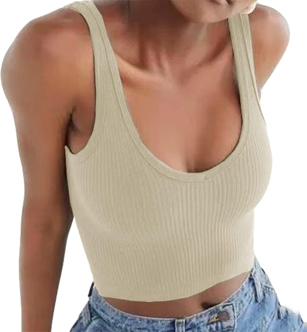 Artfish Women's Sleeveless Shirt Ribbed Drawstring Side Ruched Scoop Neck Basic Crop Tank Top | Amazon (US)