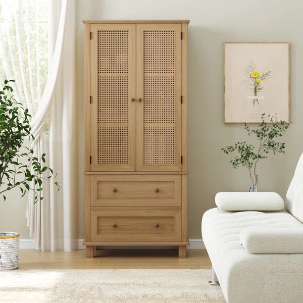 2-Door 2-Drawer Tall Locker With Faux Rattan And Faux Solid Wood Surface, 64.4"H X 28.54"W X 15"D | Wayfair North America