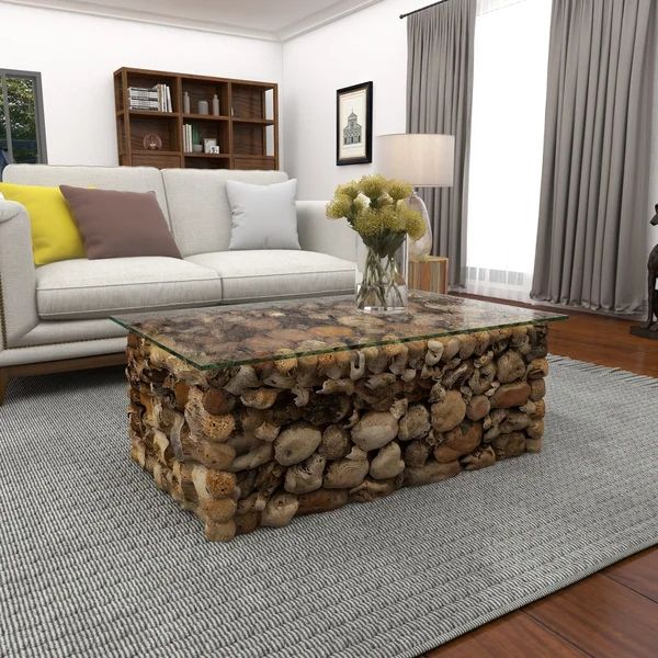 Brown Wood Handmade Stacked Collage Coffee Table with Clear Glass Top | Wayfair North America