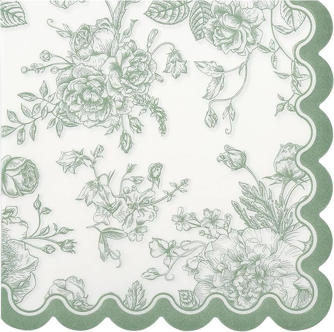 100 Sage Green Floral Paper Napkins Green & White Flowers Disposable Party Napkin 6.5" Scalloped ... | Amazon (US)