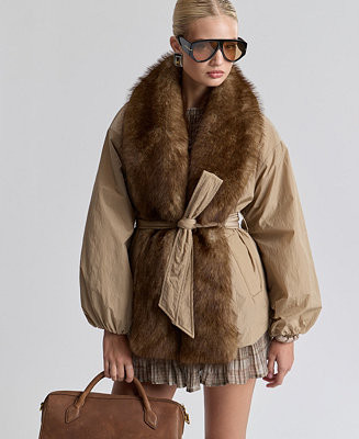 Women's Belted Faux-Fur-Trim Shawl Collar Puffer Jacket | Macy's
