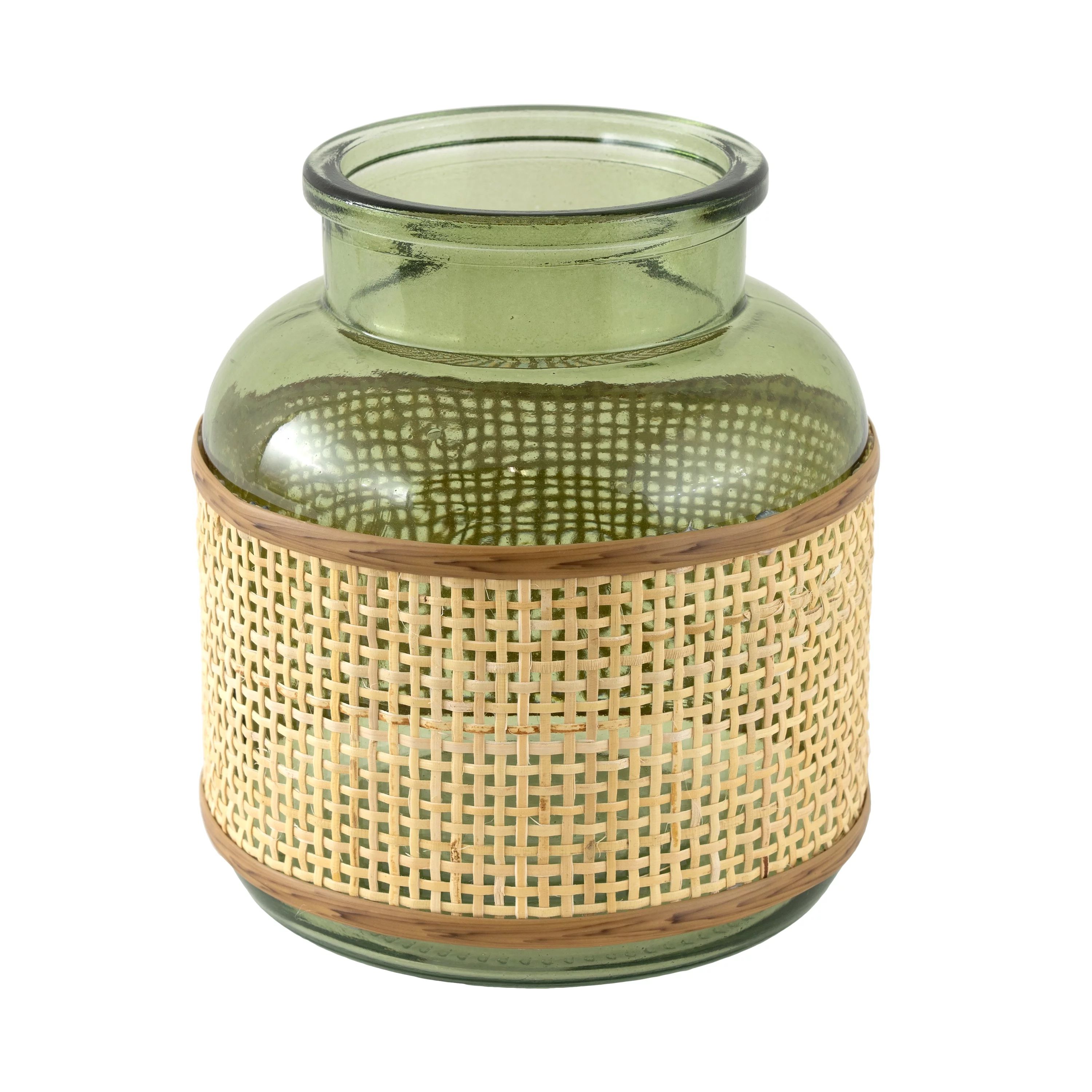 6" Green Translucent Glass Indoor Tabletop Vase with Natural Rattan Caning Wrap | Walmart (US)