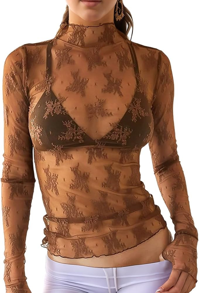 Wyeysyt Lace Tops for Women Mesh Long Sleeve Top Mock Neck Sheer Blouse Sexy See Through Shirts | Amazon (US)