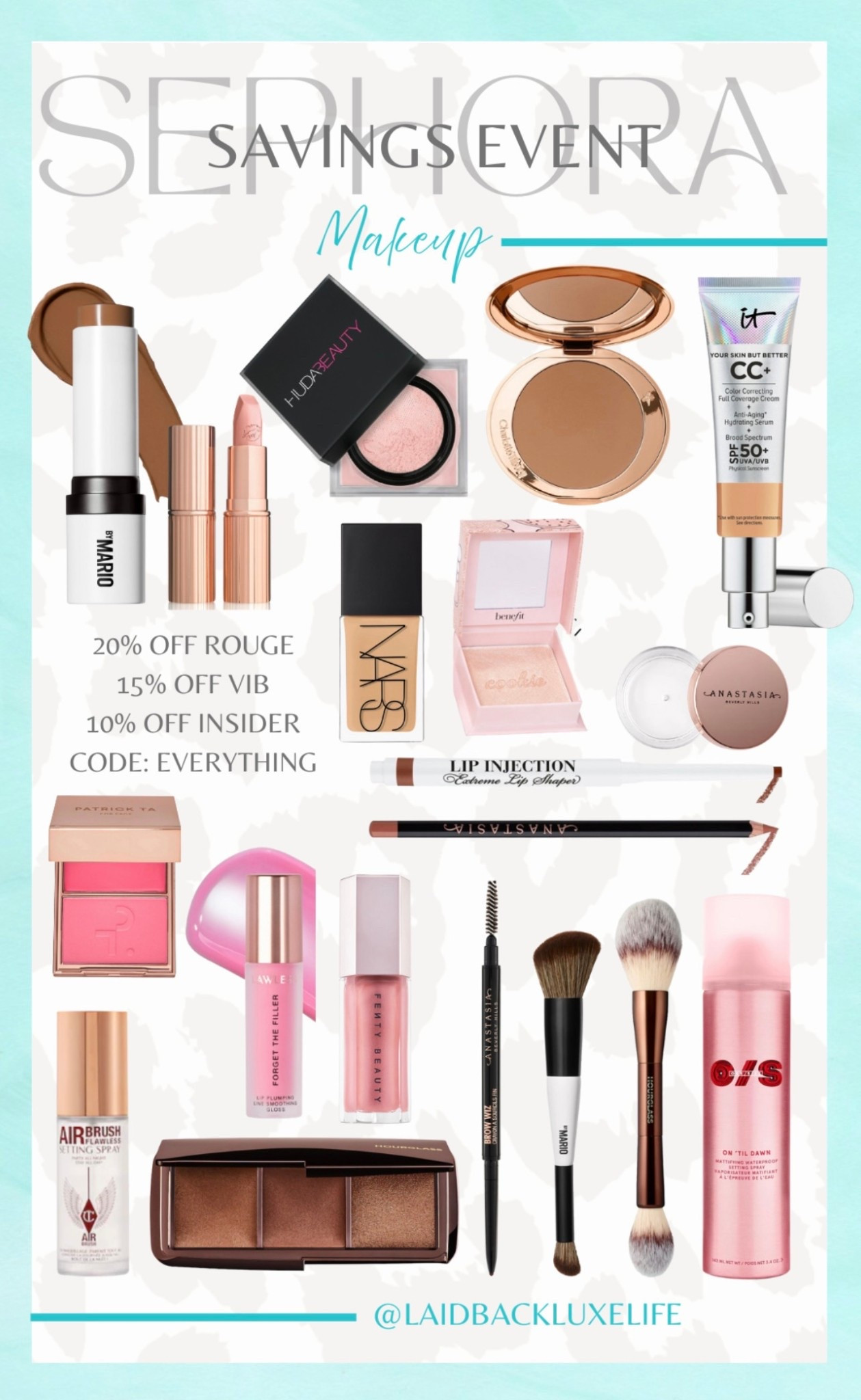 Sephora Savings Event 10/31-11/10! My favorite makeup is 20% off for Rouge members. Use code: EVERYTHING at checkout. Sephora Sale, beauty sale, Sephora haul, Sephora beauty, my Sephora favorites, Sephora bestsellers, gift ideas for her, gift guide @sephora #LaidbackLuxeLife

Rouge members save 20% 
VIB members save 15%
Insider members save 10%

Shades:
✨It Cosmetics foundation ‘Neutral Tan’
✨NARS foundation ‘Barcelona’
✨Charlotte Tilbury bronzer ‘3 Tan’
✨Hourglass Bronzer palette ‘Volume lll’
✨ABH lip liner ‘Deep Taupe’
✨Too Faced plumping lip liner ‘In Big Truffle'
✨Charlotte Tilbury lipstick ‘KIM KW’
✨Fenty lipgloss ‘$weetmouth’
✨Lawless plumping lipgloss ‘Daisy Pink’
✨Hourglass concealer ‘Silk’
✨Huda Beauty concealer ‘Coconut Flakes’
✨Huda Beauty color corrector ‘Pink Pomelo’
✨ABH brow wiz ‘Soft Brown’
✨ABH brow duo powder ‘Medium Brown'
✨Bobbi Brown cream shadow stick ‘Taupe’ (I use this as eyeliner for a softer look)
✨Makeup by Mario contour and bronzing stick ‘Medium Dark’
✨Benefit Highlighter ‘Cookie'
✨Huda Beauty baking & setting powder ‘Cherry Blossom’
✨Patrick Ta blush duo ‘She’s That Girl’

Hey Beautiful! Feel free to comment on this post if you have any questions! 🫶🏽

Follow me for more fashion finds, beauty faves, lifestyle, home decor, sales and more! So glad you’re here!! XO, Karma

#LTKBeauty #LTKSaleAlert #LTKGiftGuide