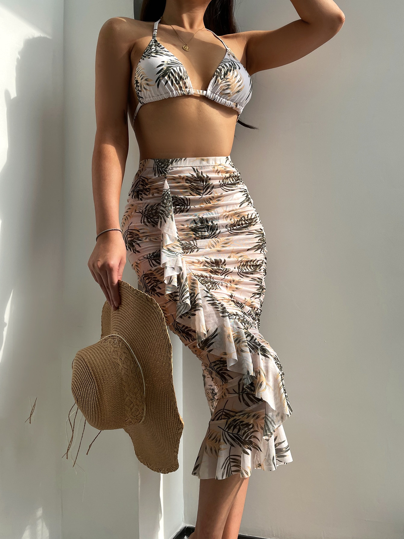 3pack Plant Print Halter Triangle Bikini Swimsuit & Beach Skirt | SHEIN