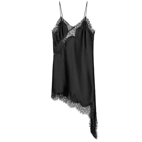 Women's Satin Lace Dress Asymmetric Cocktail Mini Dress Layering Essentials Elegant Dresses Date Night Outfits (Black,M) | Amazon (US)