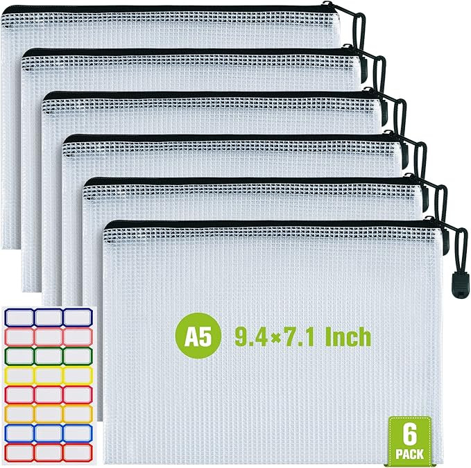 Mesh Zipper Pouch, 6PCS Waterproof Plastic Mesh ZipperBag, A5 Size Tear-Resistant Document Pouch,... | Amazon (US)