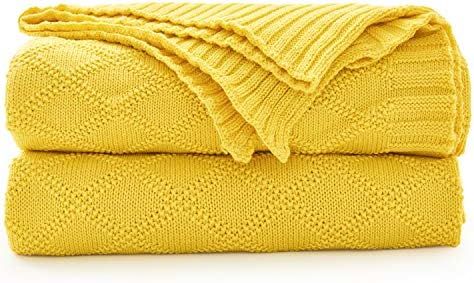 Large Yellow Cotton Knit Throw Blanket for Couch Sofa Bed - Home Decorative Soft Cozy Sweater Wov... | Amazon (US)