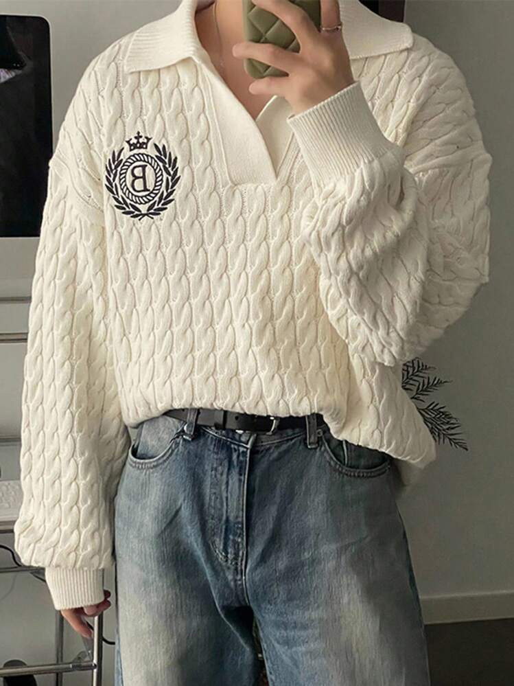 DAZY Men's Casual Drop Shoulder Letter Pattern Knitted Beige Sweater, Autumn School | SHEIN