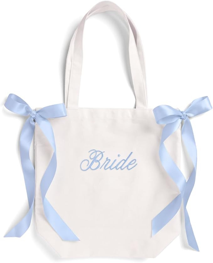 xo, Fetti White Bride Canvas Tote Bag, Blue Satin Bows | Bachelorette Party Decorations, Bride To... | Amazon (US)