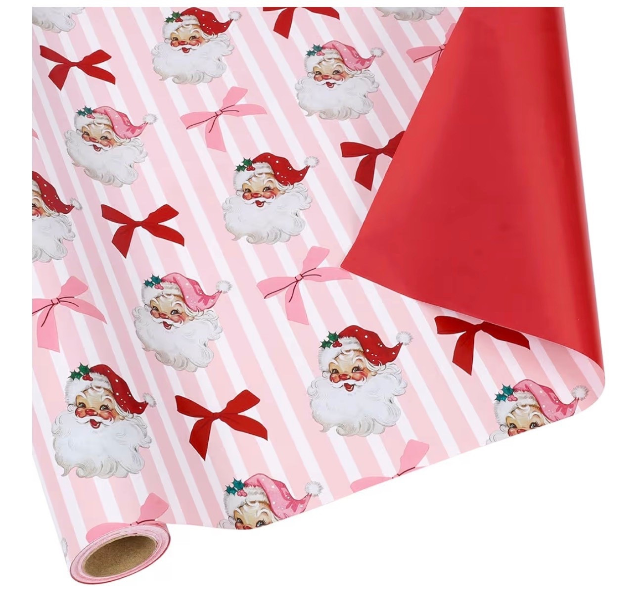 BIOBROWN Reversible Christmas Wrapping Paper Roll - 17 Inches X 33 Feet (47 sq. ft. ttl.) Santa Claus Bow Design with Pink Stripe, Red Gift Wrap for Xmas, Holiday, Party

#LTKHoliday
