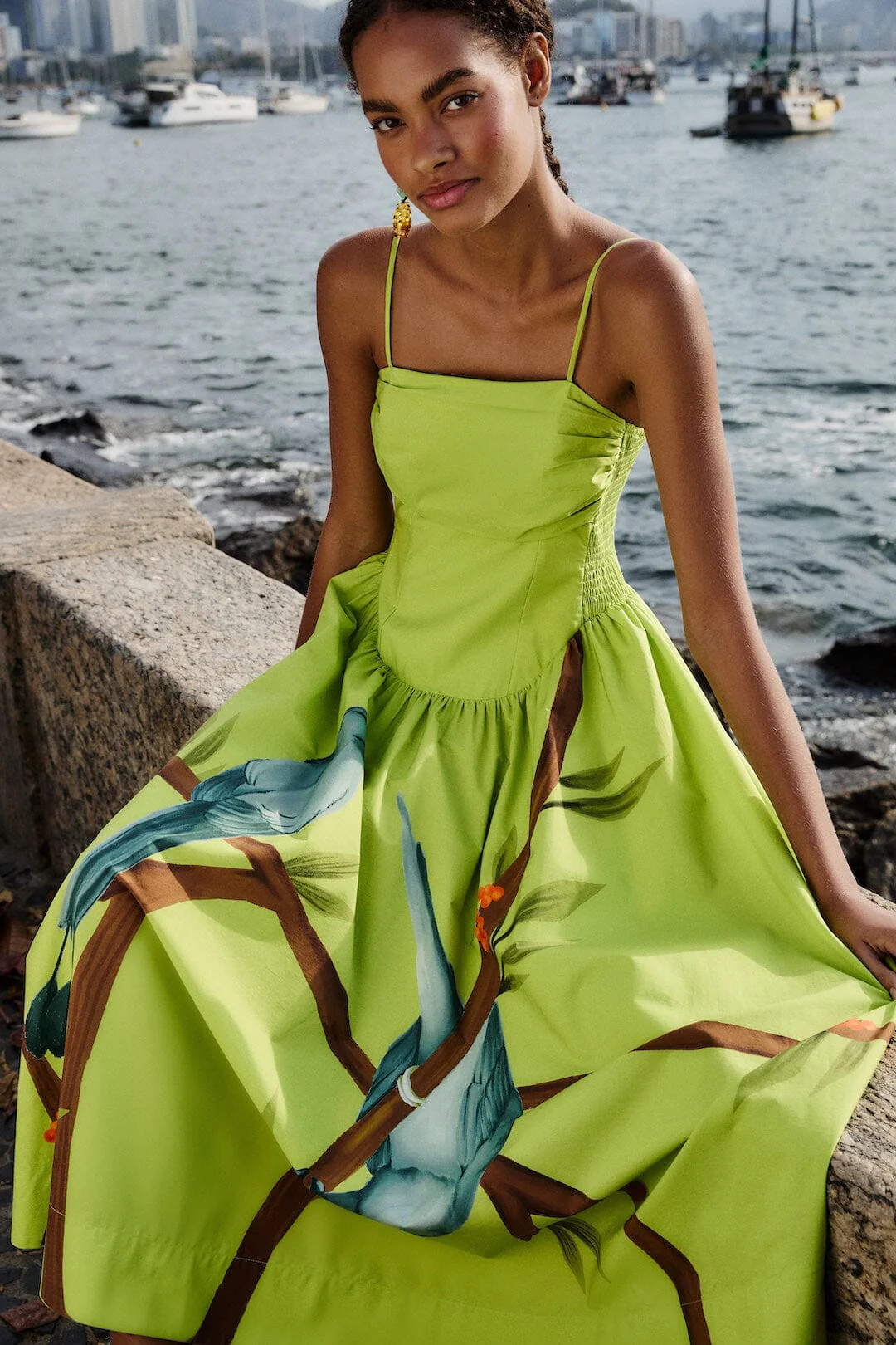 Green Birds Smocked Maxi Dress | FARM Rio | Farm Rio UK