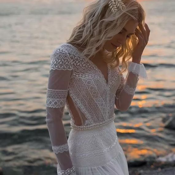 Bohemian Lace Long Sleeve BOHO Wedding Dresses Tulle V Neck | Etsy | Etsy (US)