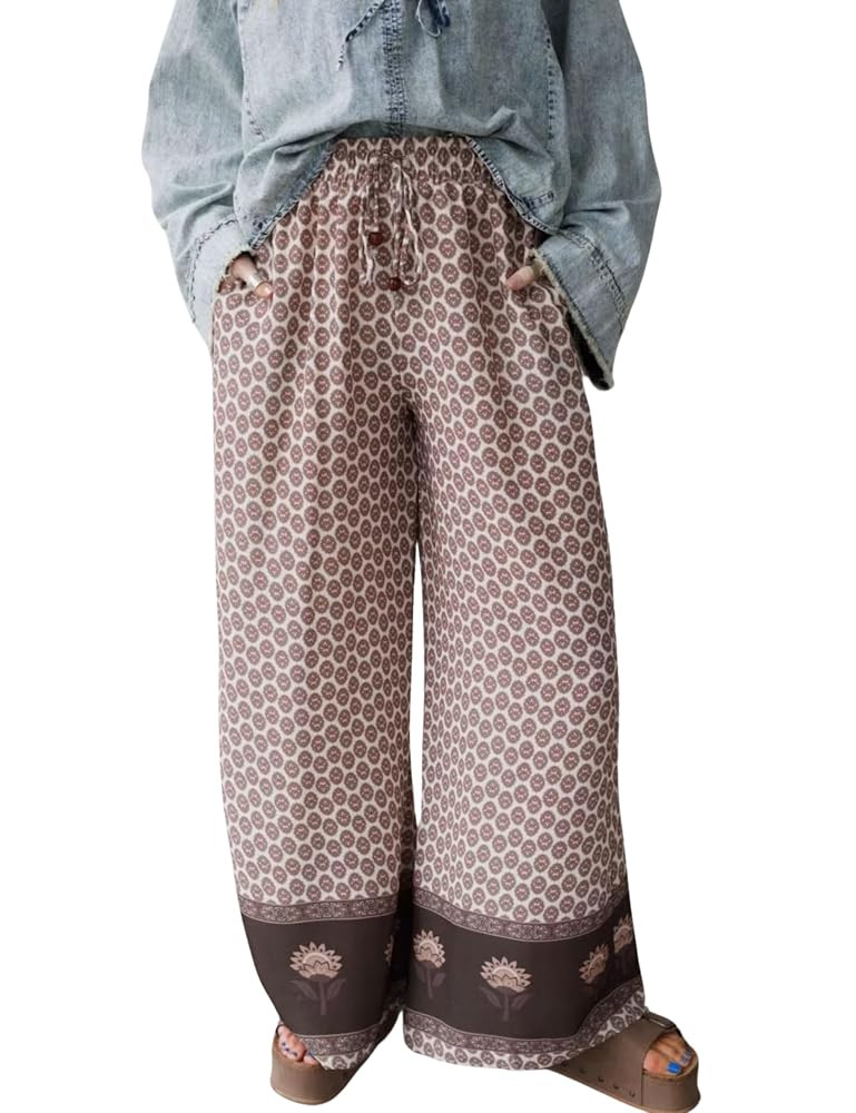Womens Wide Leg Printed Pants with Stretch Drawstring Waist and Side Pockets Boho Lounge Casual T... | Amazon (US)