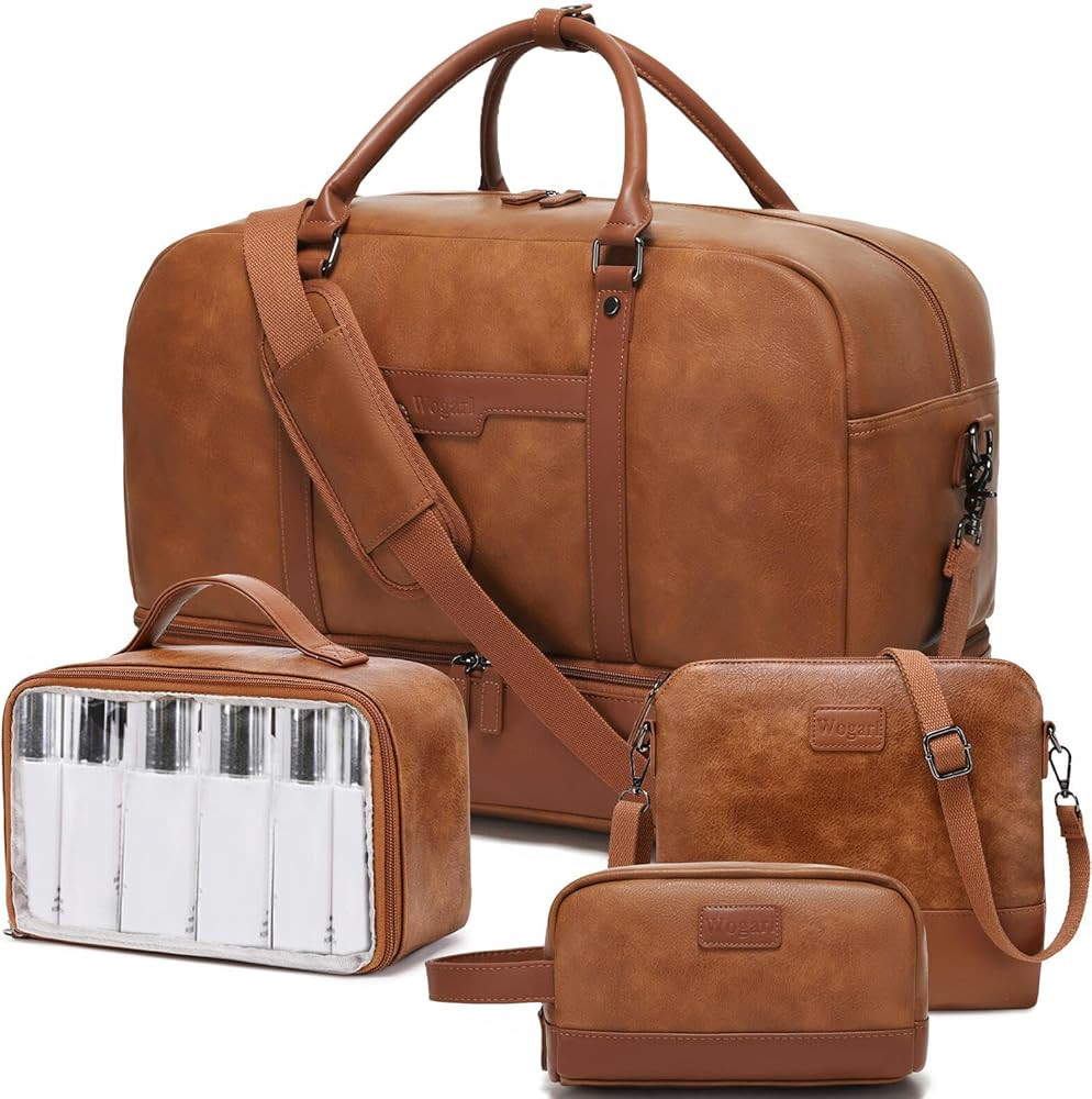 Wogarl 4PCS Leather Weekender Bag for Women Men Large Overnight Bag Travel Duffel Bag with Shoe C... | Amazon (US)