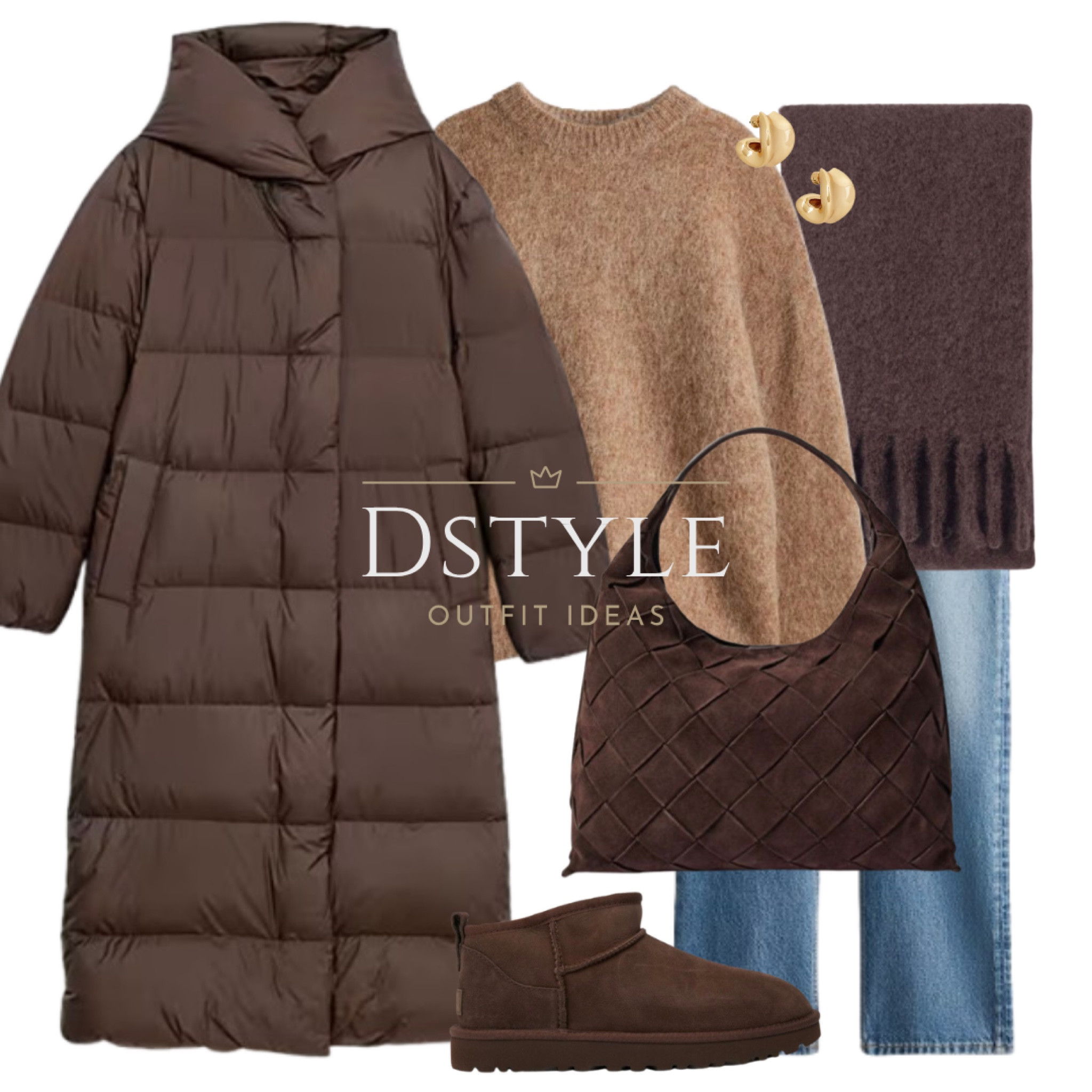 Dark chocolate feather and down puffer coat, dark beige oversized mohair-blend sweater, brown mohair-blend scarf, straight denim blue jeans, UGG Ultra Mini in burn cedar, brown braided suede tote bag, neutral outfit, winter outfit, running errands outfit 

#LTKItBag #LTKStyleTip #LTKShoeCrush