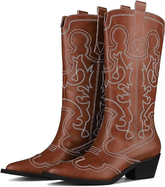Cowboy Boots for Women Chunky Heel Cowgirl Boots Embroidery Western Style Mid Calf Counry Boots P... | Amazon (US)