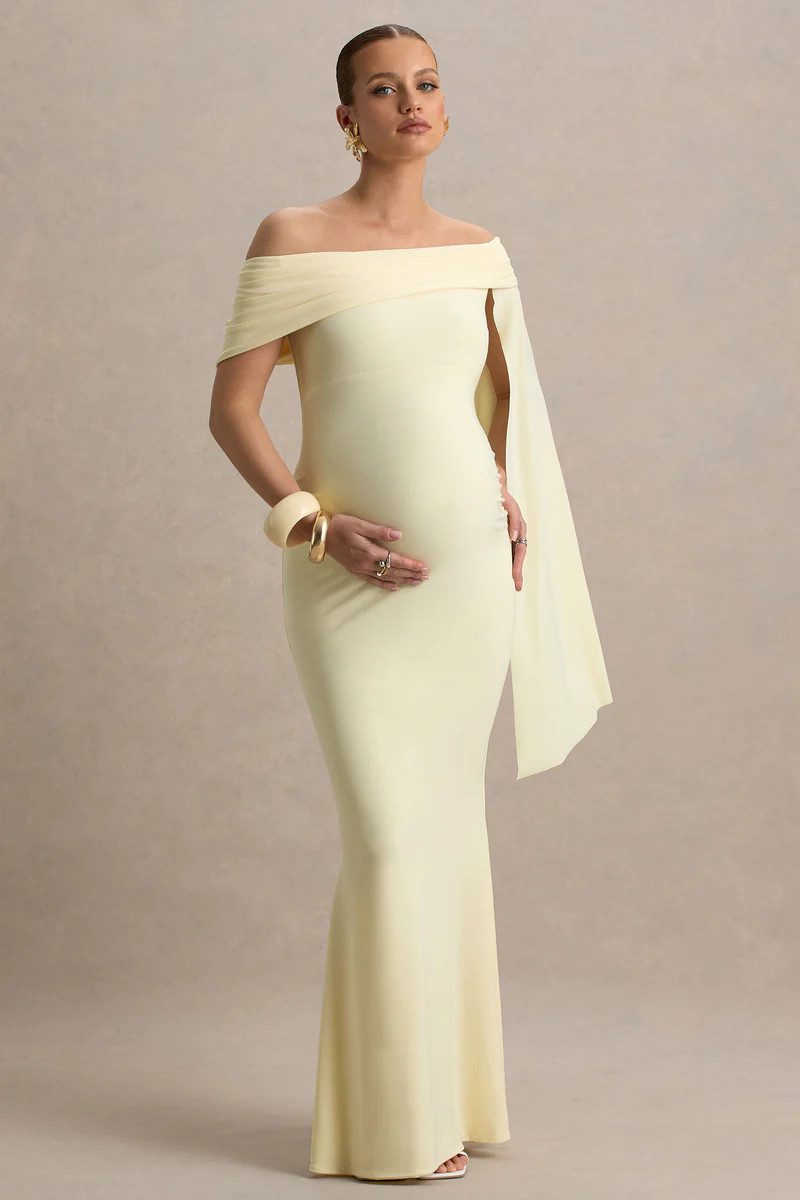Aquila  Lemon Bardot Maternity Maxi Dress With Drape Sleeve | Club L London