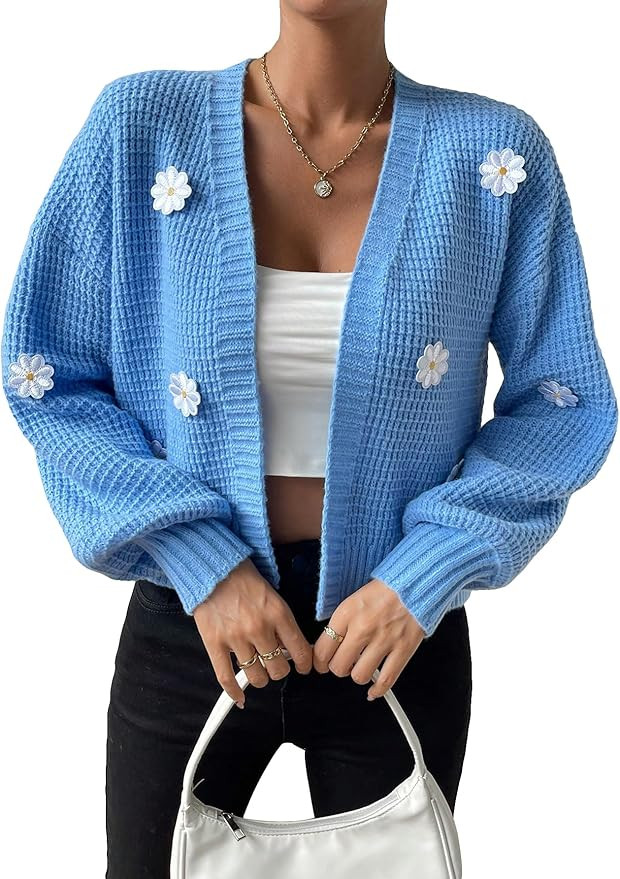 WDIRARA Women's Long Sleeve Button Front V Neck Casual Crop Cardigan Sweater | Amazon (US)