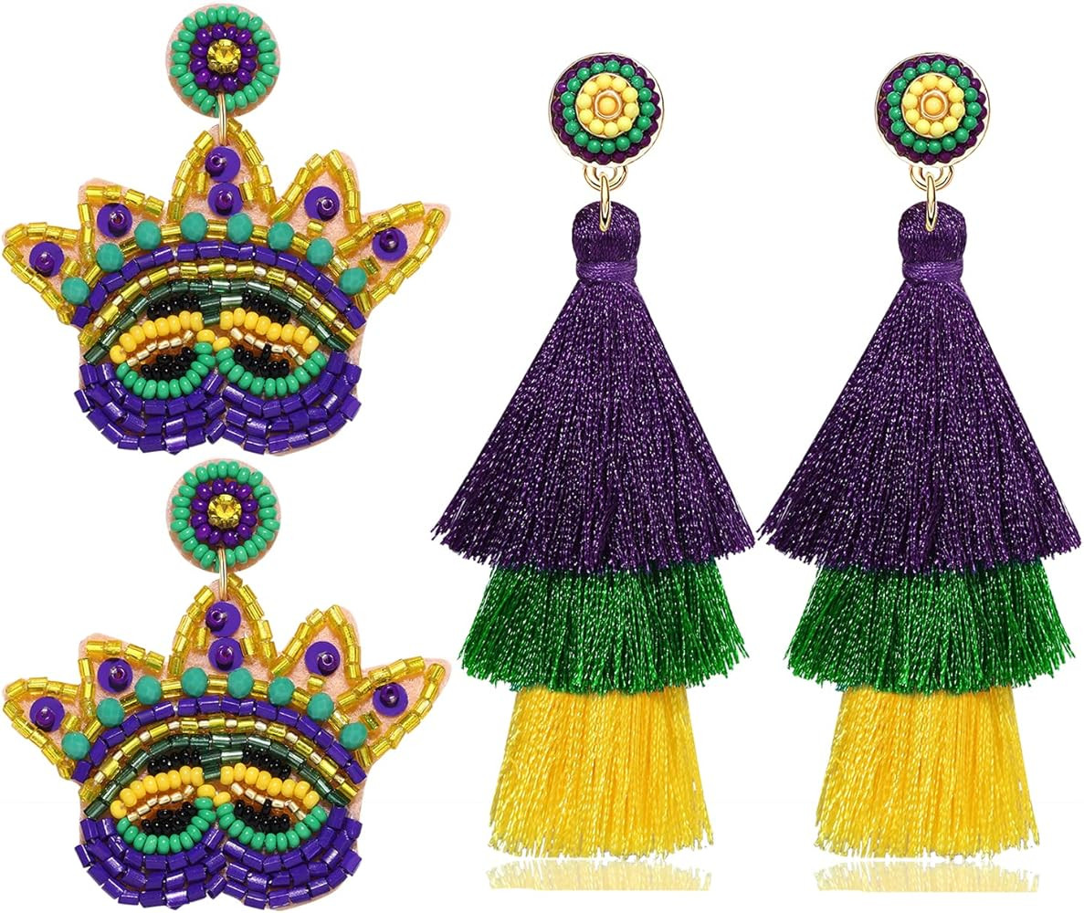 2 Pairs Mardi Gras Halloween Thanksgiving Earrings for Women Beaded Glitter Mask MARDI GRAS Fleur... | Amazon (US)
