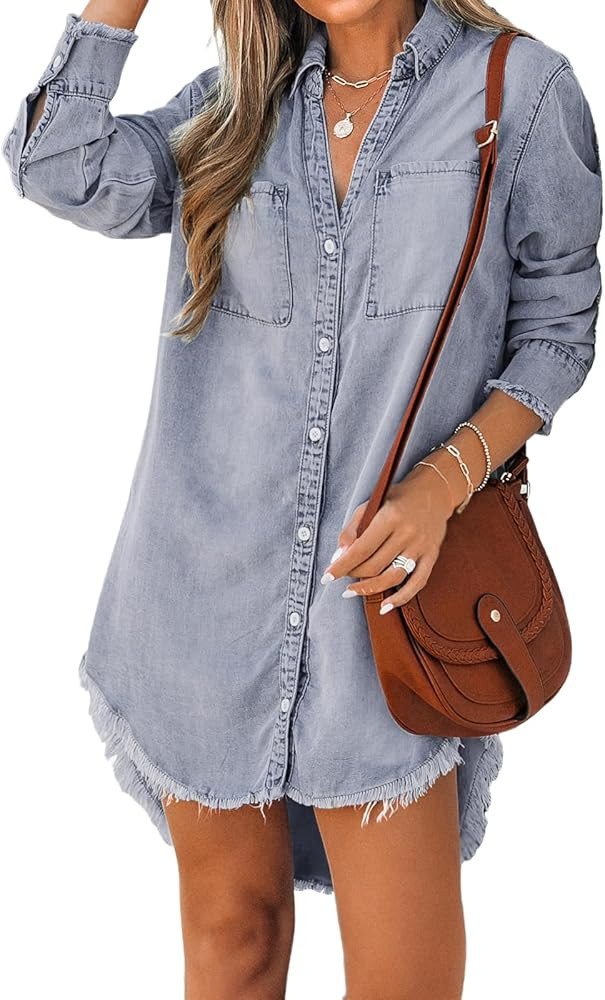 CUPSHE Women Casual Denim Oversized Shirt Long Sleeve Lapel Collar Button Down Shirts Dolphin Hem | Amazon (US)