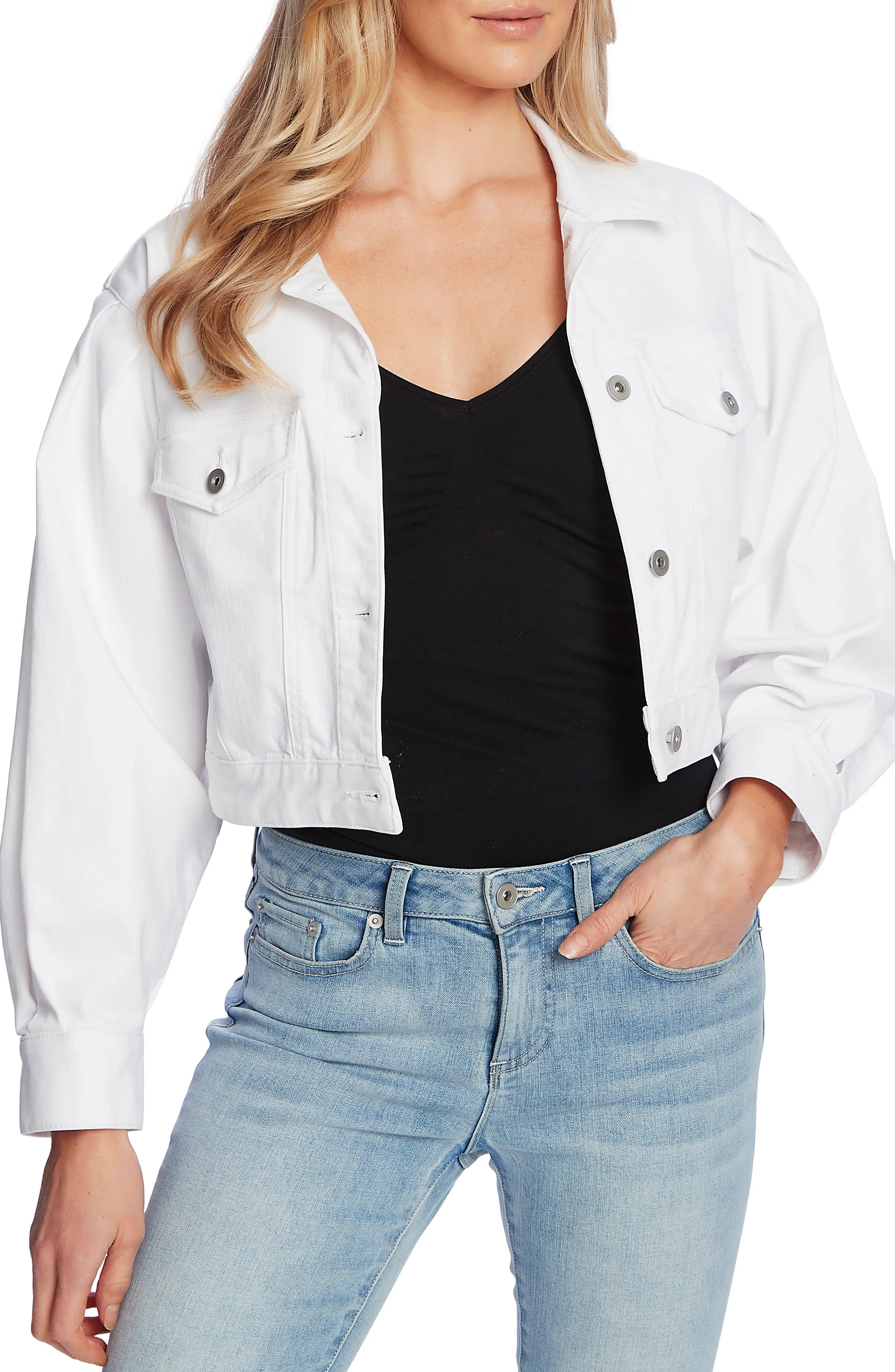 Women's Cece White Cropped Denim Jacket, Size Small - White | Nordstrom