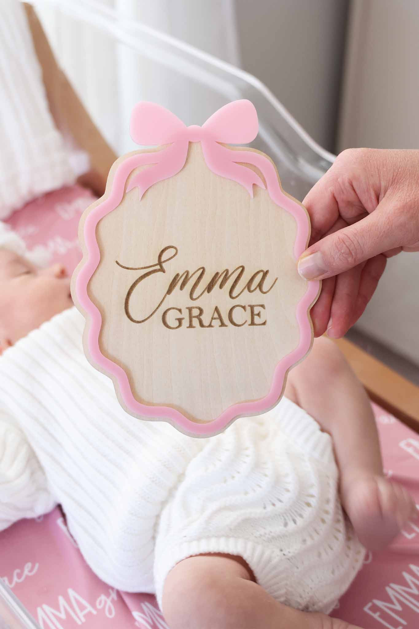 Personalized Wood Announcement | Scalloped Bow | Caden Lane