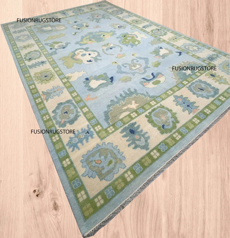 9'X12' Blue and Green Rug, Oushak Rug With Ivory, Olive Green & Light Pink Motifs: Modern Coastal... | Etsy (US)