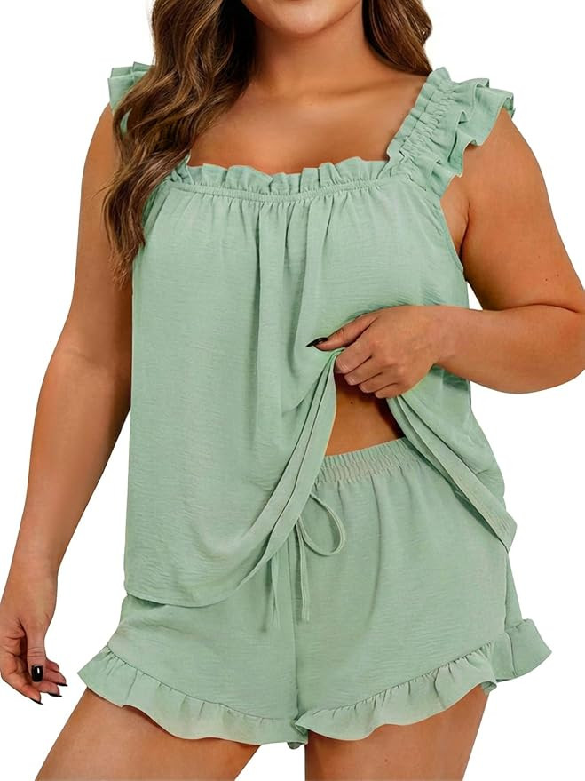 Beautife Womens Plus Size 2 Piece Pajamas Set Ruffle Square Neck Tank Top Shorts Matching Sets Su... | Amazon (US)