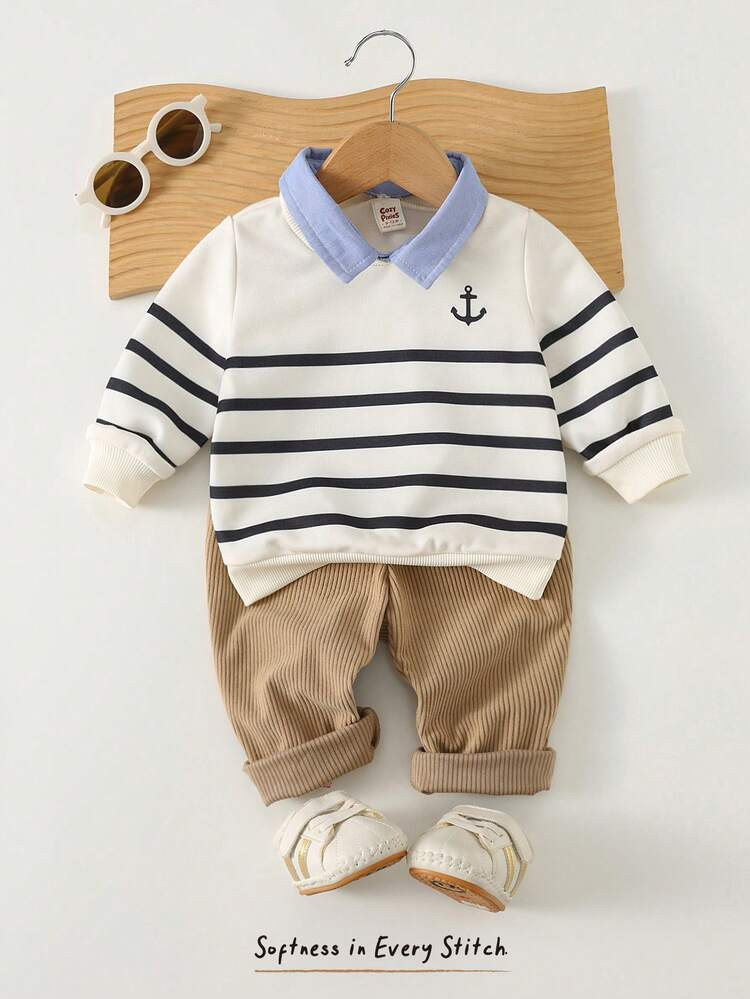 Cozy Pixies 2pcs Baby Boy Colorful Striped Contrast Collar Long Sleeve Pullover Sweatshirt & Elas... | SHEIN