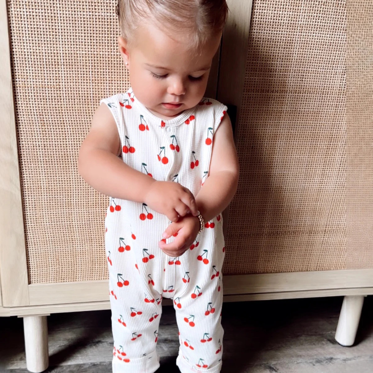 Organic Waffle Easy Romper, Cherries | SpearmintLOVE