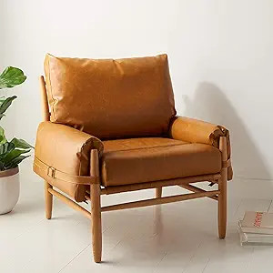 Safavieh Home Oslo Mid-Century Caramel Brown Faux Leather and Natural Arm Chair | Amazon (US)